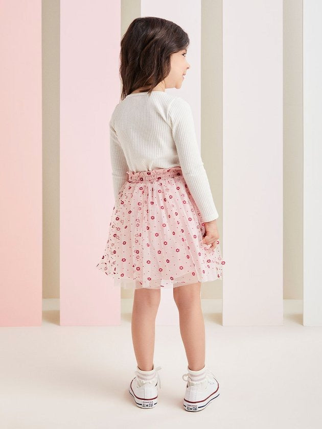 Conjunto Infantil Momi Inverno Saia Florzinhas e Blusa Manga Longa Branca