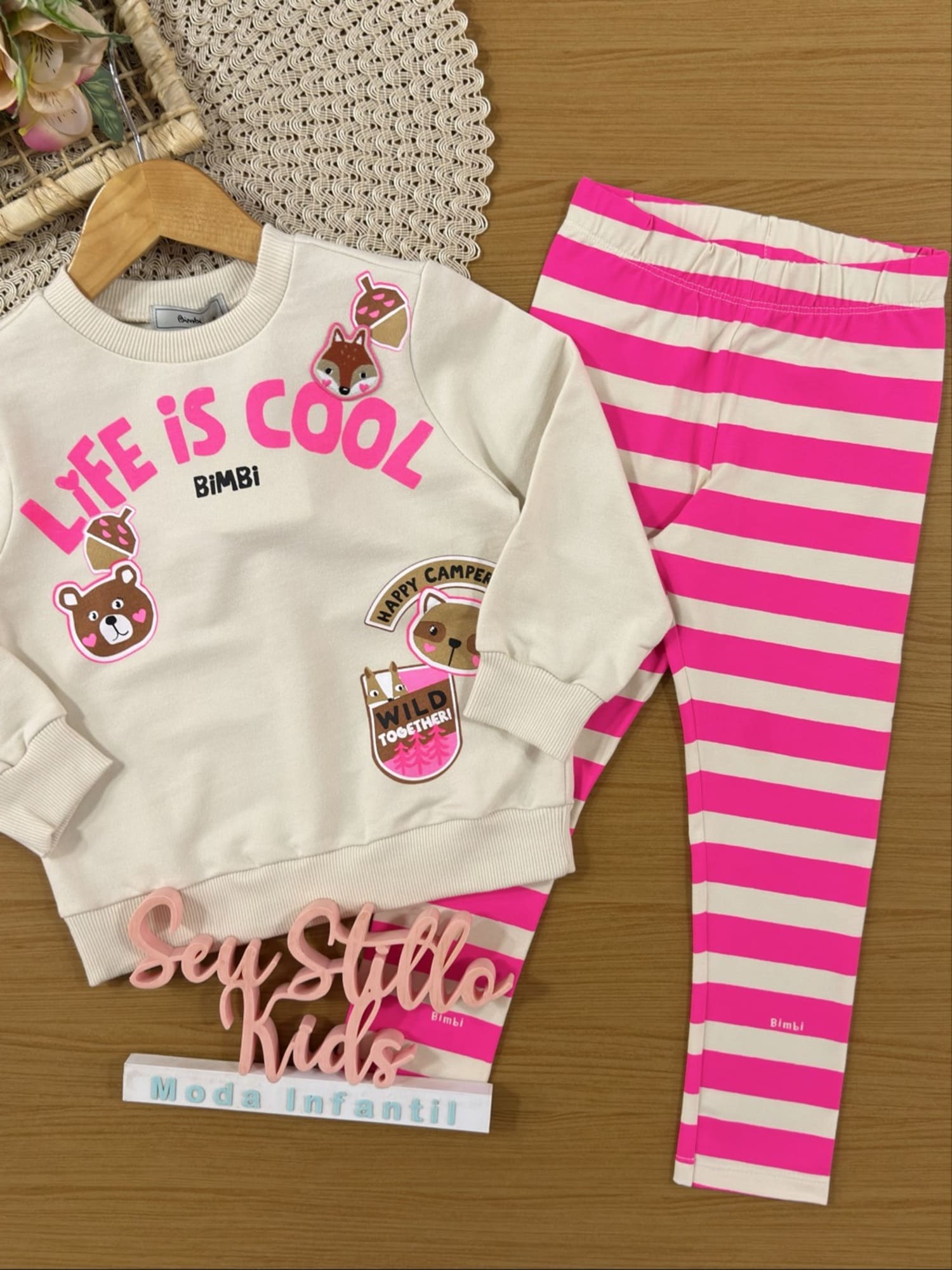 Conjunto Infantil Bimbi Inverno com Calça Legging e Moletom sem Flanela Bege Life is Cool