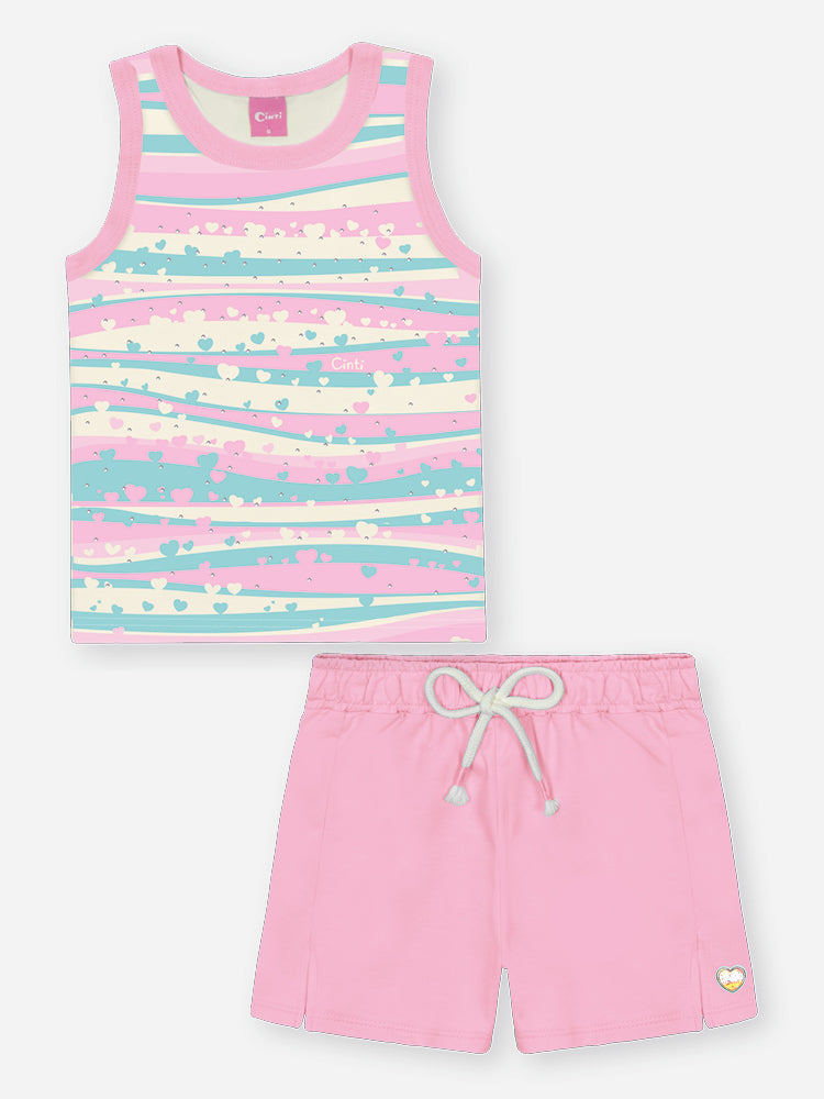Conjunto Infantil Cinti Verão com Shorts Rosa e Blusa Listrada Corações