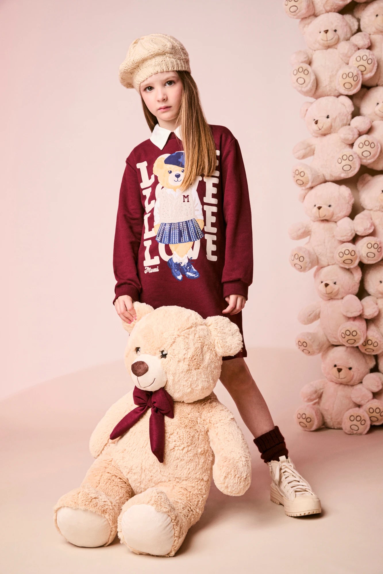 Vestido Infantil Momi Inverno Manga Longa Vinho Ursinha Love