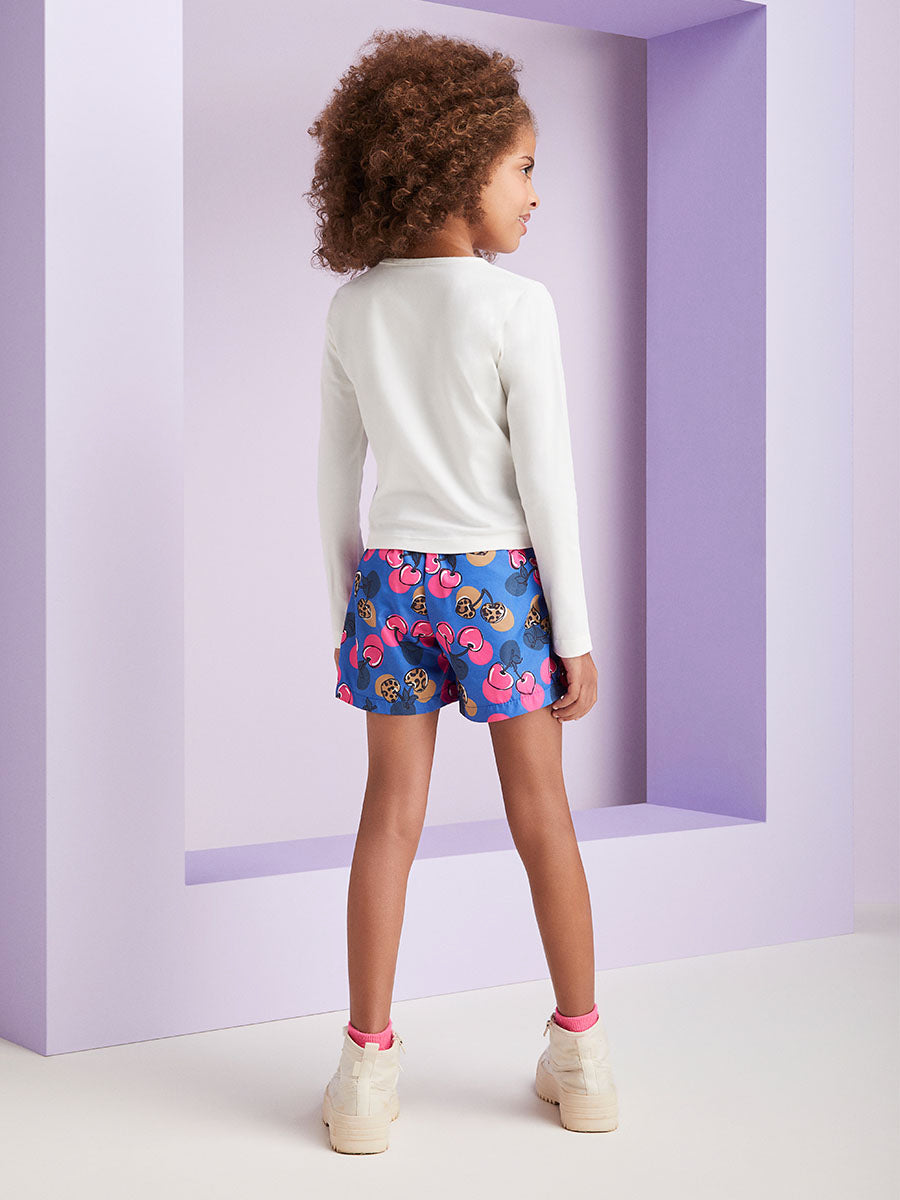 Conjunto Infantil Momi Inverno Shorts Cereja Azul e Blusa Oncinha Com Cereja