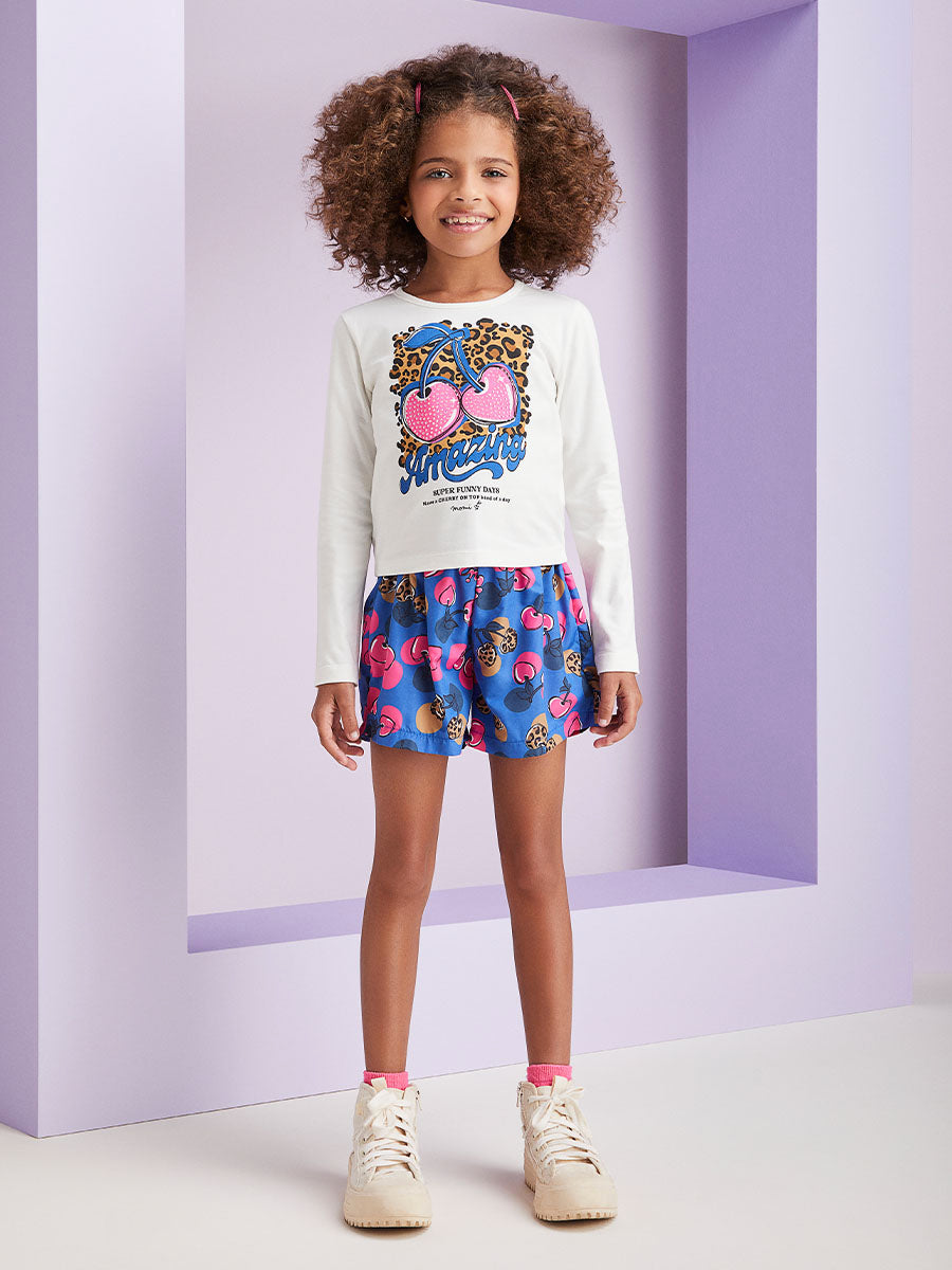 Conjunto Infantil Momi Inverno Shorts Cereja Azul e Blusa Oncinha Com Cereja