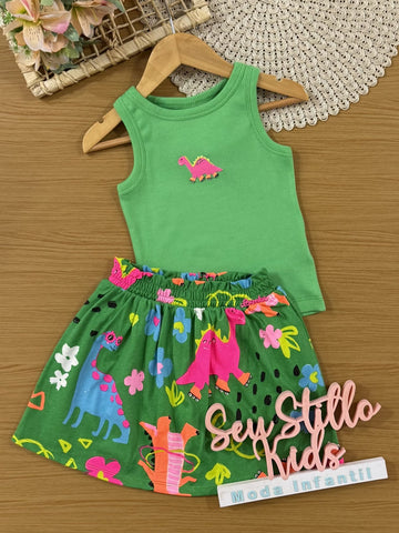 Conjunto Infantil Bimbi Verão com Saia e Regata Verde Dinos