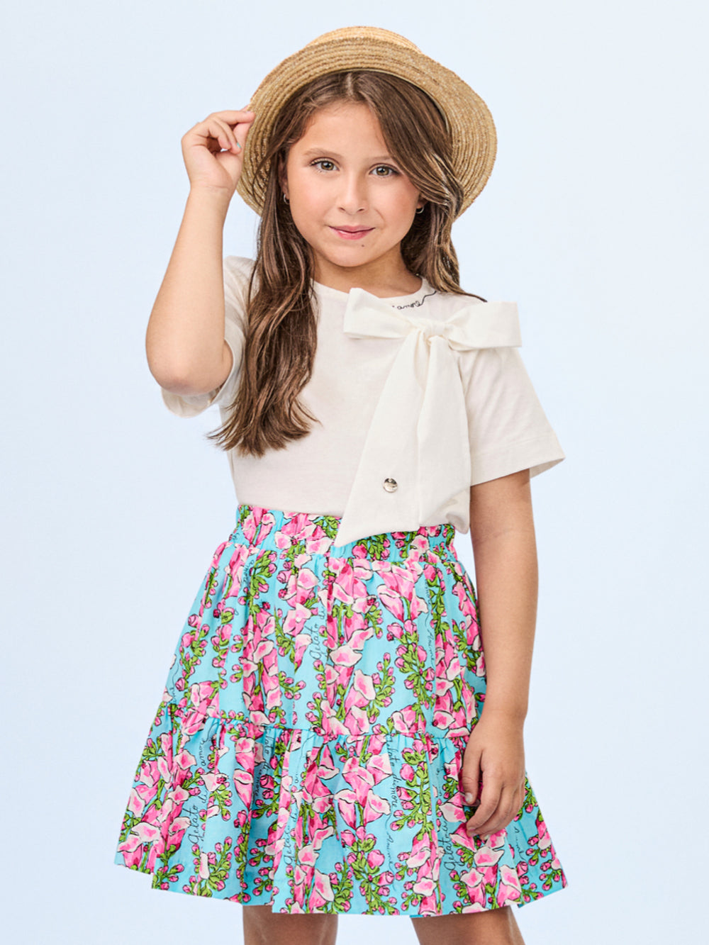 Conjunto Infantil Animê Verão Saia Azul Floral e Blusa Branca Lacinho