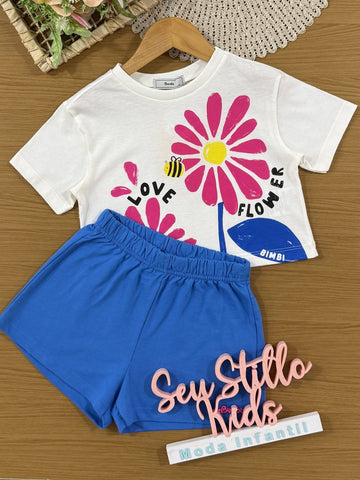 Conjunto Infantil Bimbi Verão com Shorts Azul e Blusa Branca Love Flower