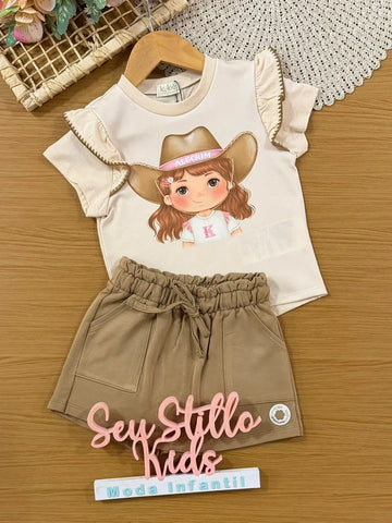 Conjunto Infantil Menina Kukiê com Short-Saia e Blusa Menina Boiadeira