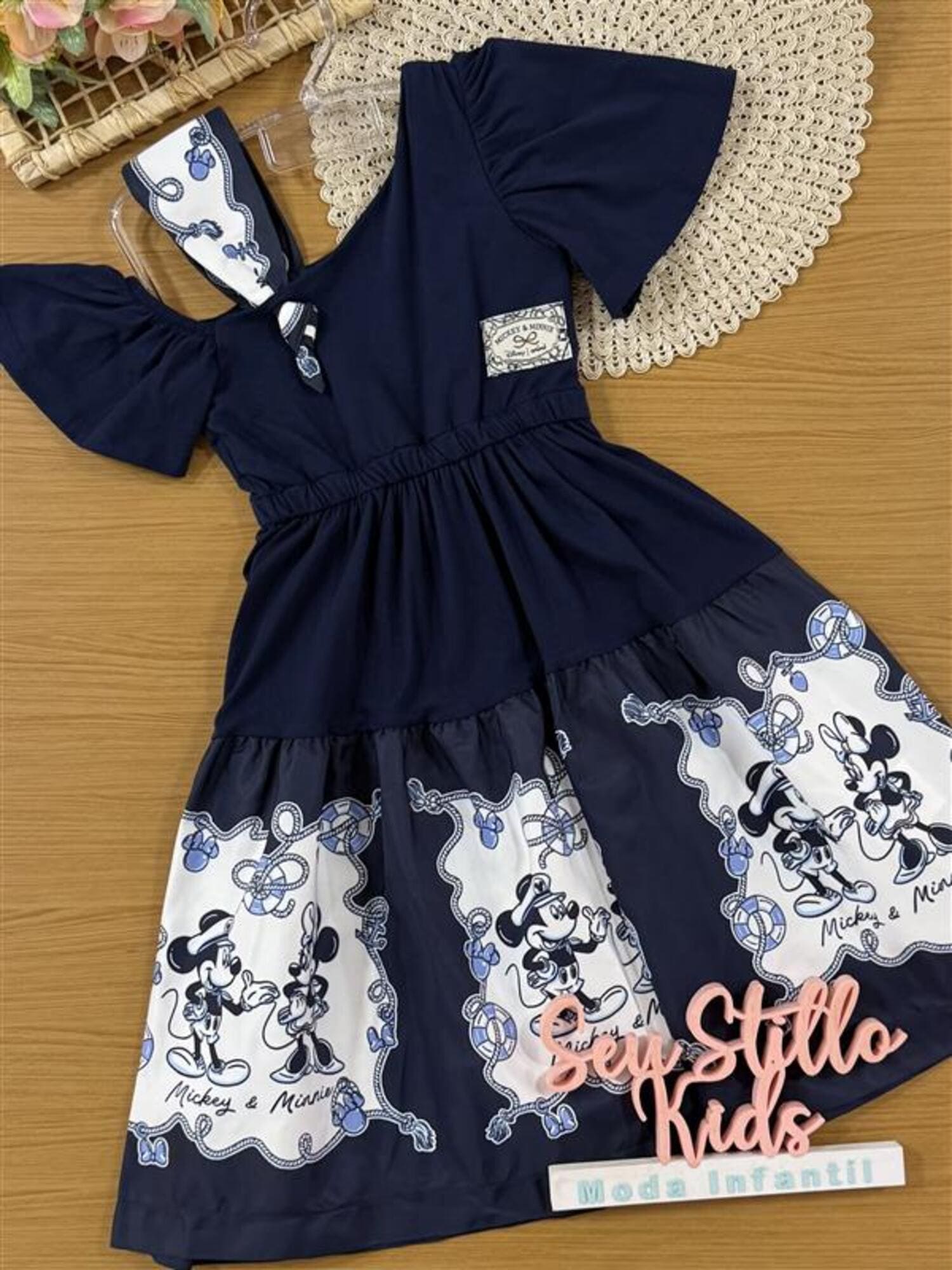 Vestido Infantil Animê Verão Azul Marinho Minnie e Mickey Disney
