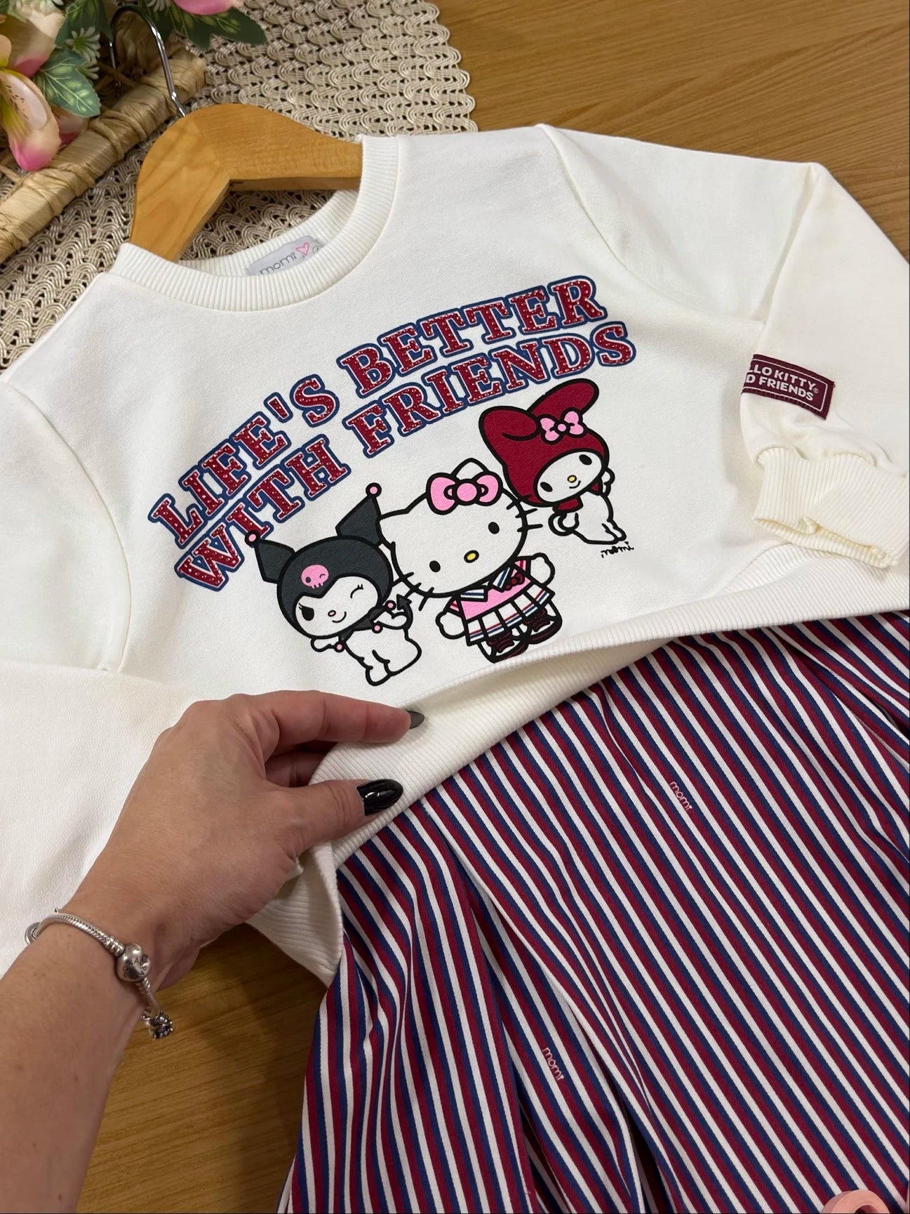 Vestido Infantil Momi Inverno sem Flanela Branco e Listrado Hello Kitty
