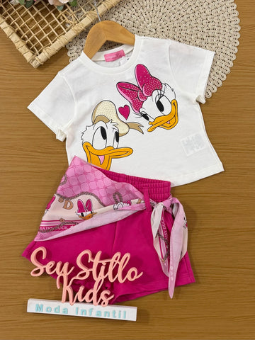 Conjunto Infantil Momi Inverni, Shorts com Lenço Rosa e Blusa Manga Curta Daisy e Donald Disney