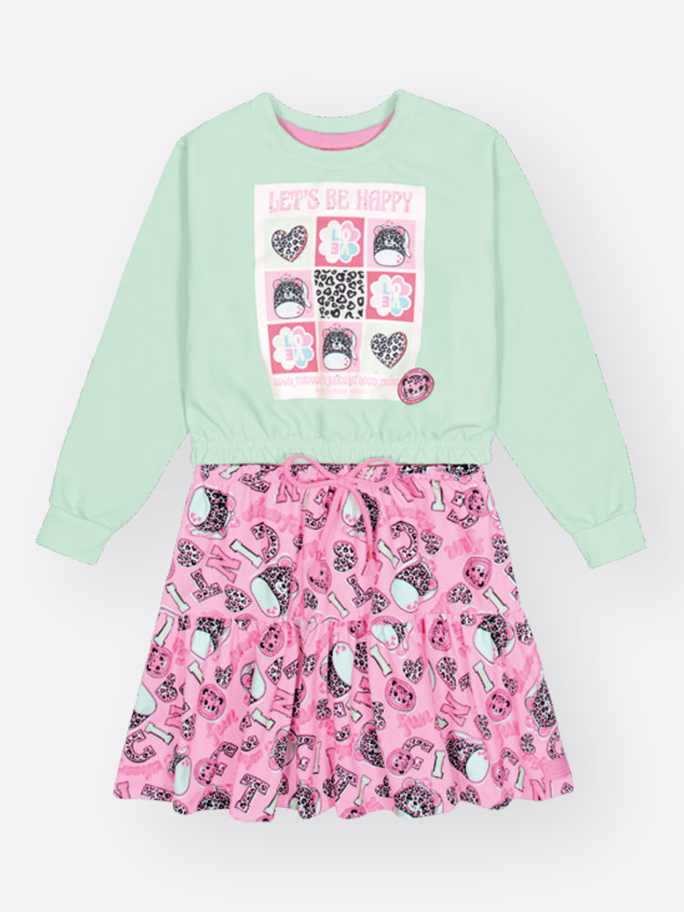 Vestido Infantil Cinti Inverno Rosa com Moletom sem Flanela Verde Happy