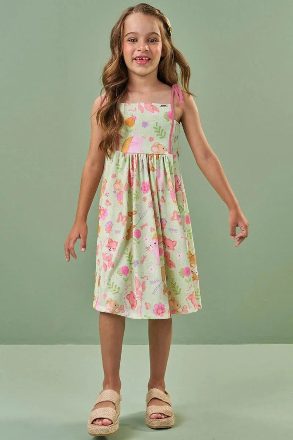 Vestido Infantil Kukiê Verão Verde Animais