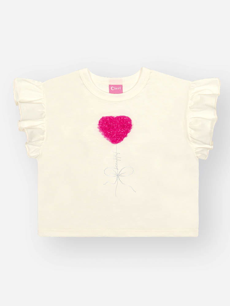 Conjunto Infantil Cinti Verão com Saia Rosa e Blusa Branca Coração Bordado