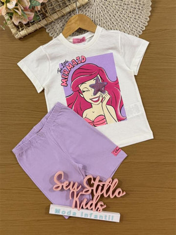 Conjunto Infantil Momi Verão com Shorts Ciclista Lilás e Blusa Branca Ariel Disney