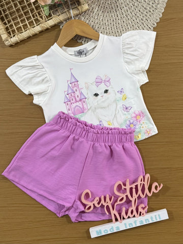 Conjunto Infantil Kukiê com Shorts Lilás e Blusa Manga Curta Gatinha