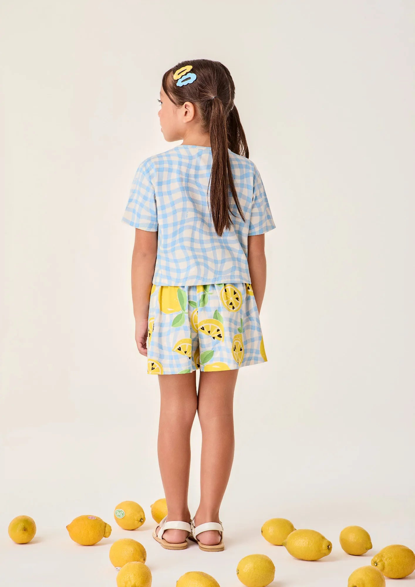 Conjunto Infantil Menina Bimbi com Shorts e Blusa Xadrez Azul Limãozinho