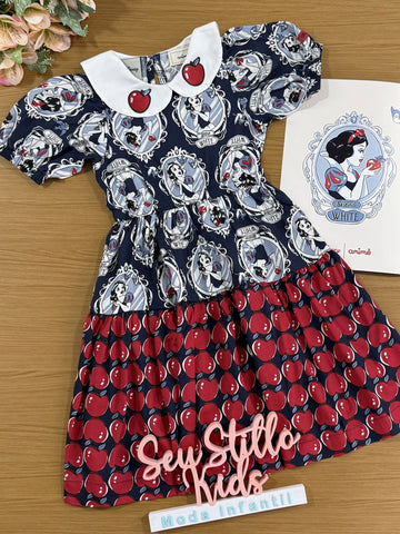 Vestido Infantil Animê Manga Curta Espelho Meu Branca de Neve Disney