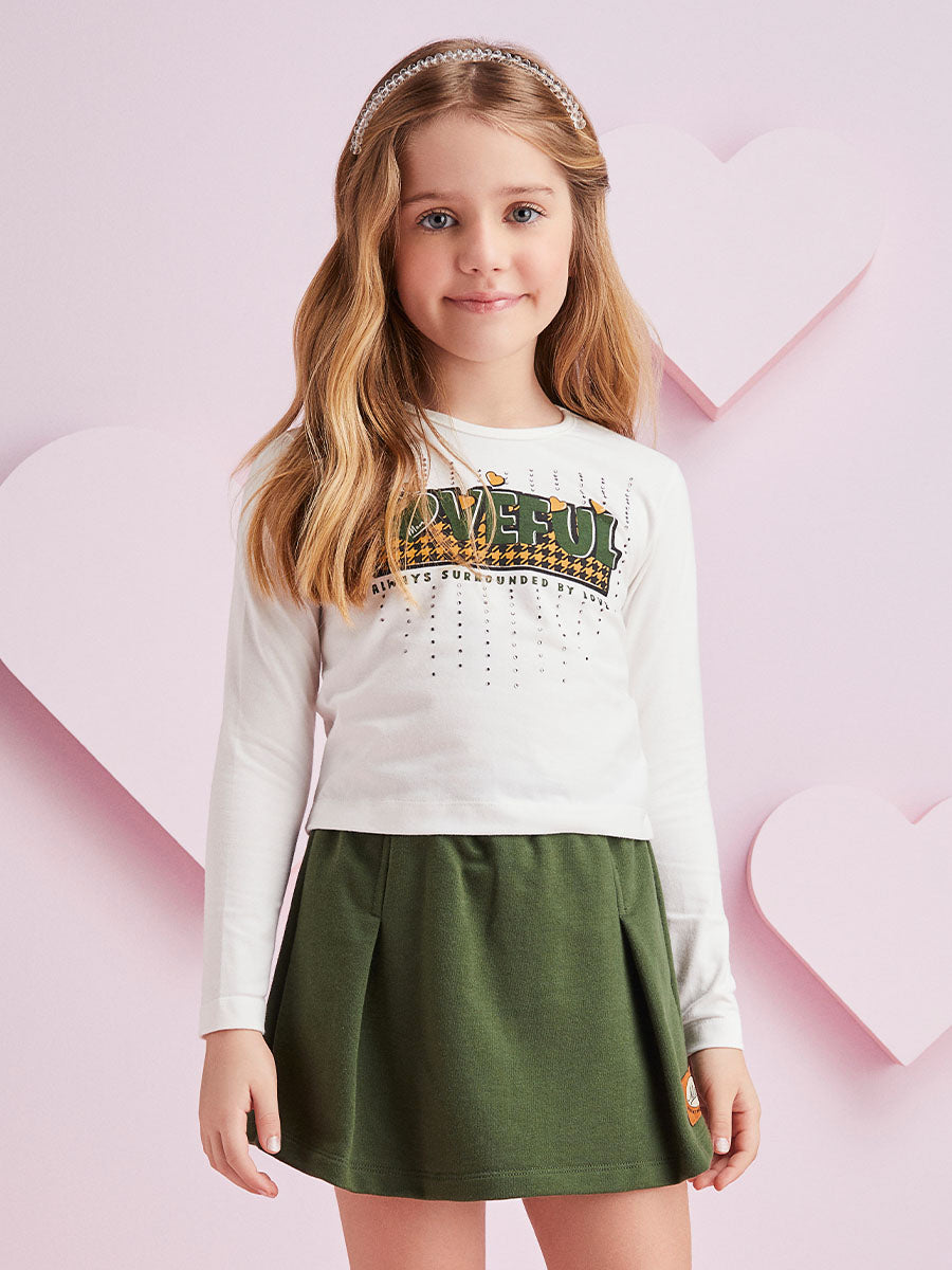 Conjunto Infantil Momi Inverno Shorts Saia Verde e Blusa Love