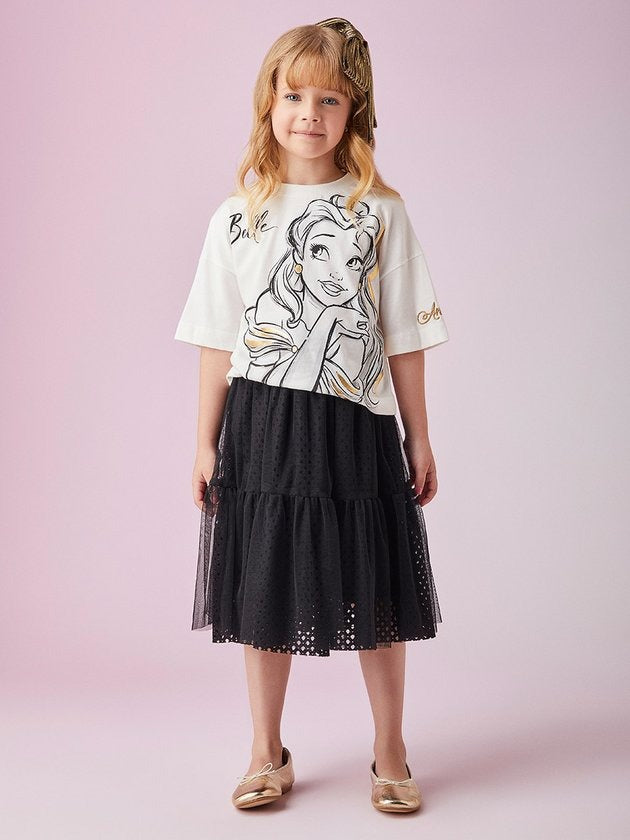 Conjunto Infantil Animê Inverno Saia Preta e Blusa Manga Curta Bella Disney