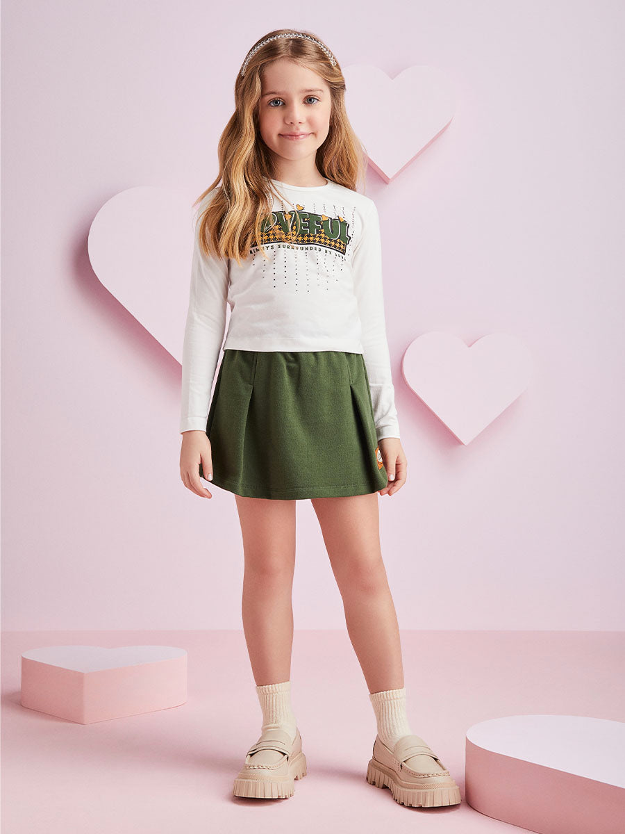 Conjunto Infantil Momi Inverno Shorts Saia Verde e Blusa Love