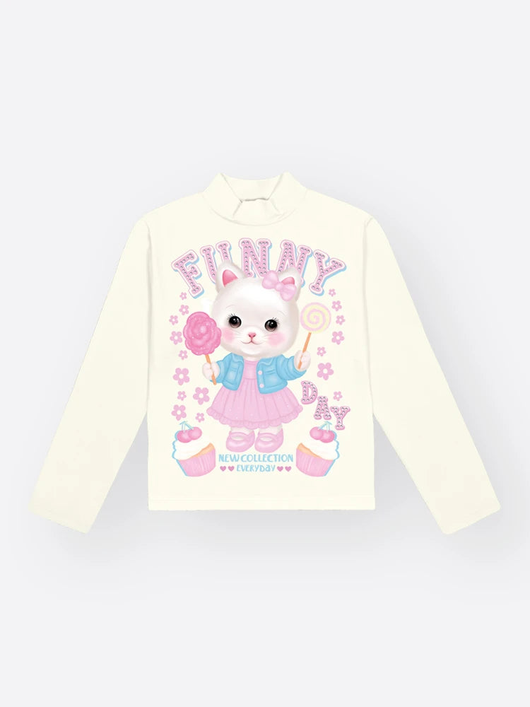 Blusa Infantil Cinti Inverno Manga Longa Térmica Branca Gatinha Funny