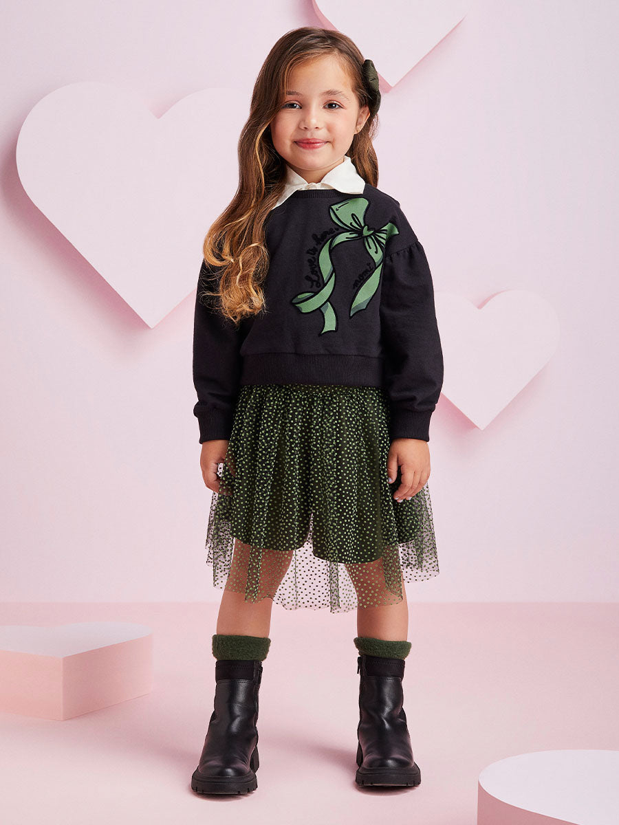 Conjunto Infantil Momi Inverno Saia e Moletom Preto Laço