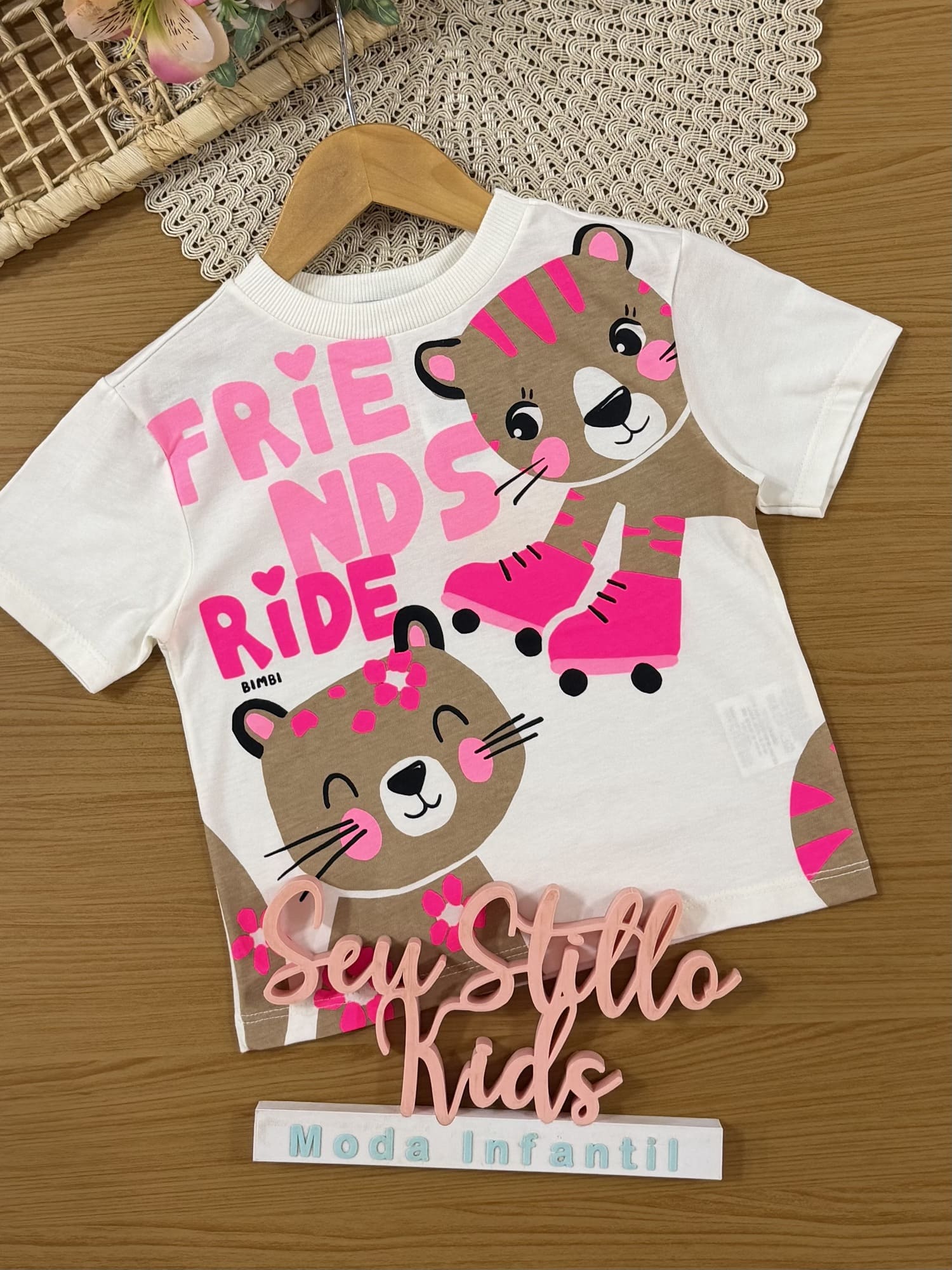 Blusa Infantil Bimbi Inverno Manga Curta Rosa Oncinha Friends