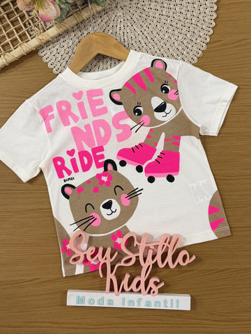 Blusa Infantil Bimbi Inverno Manga Curta Rosa Oncinha Friends