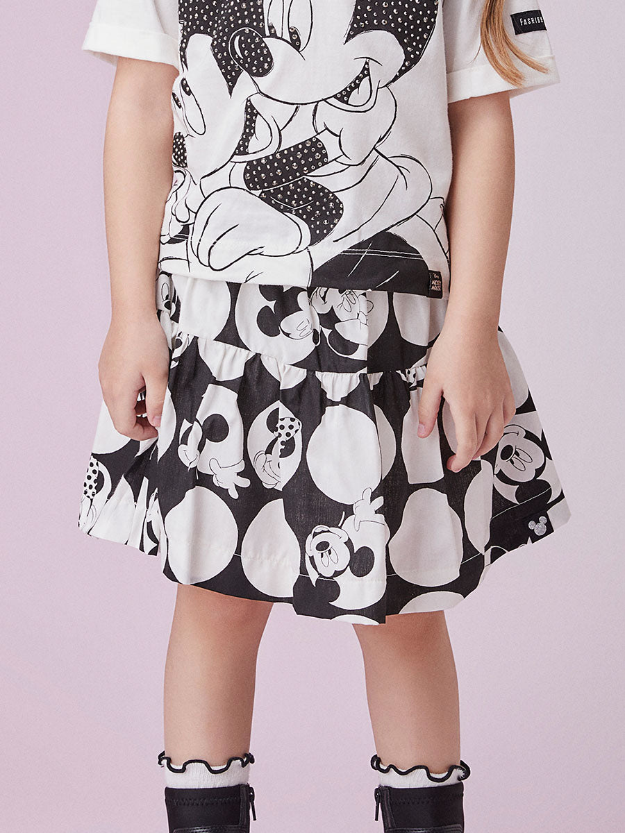 Conjunto Infantil Animê Inverno Saia e Blusa Manga Curta Mickey e Minnie