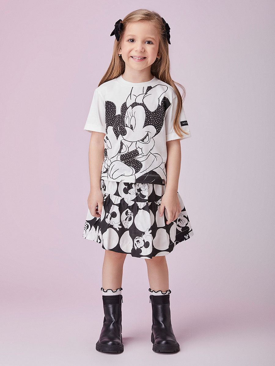 Conjunto Infantil Animê Inverno Saia e Blusa Manga Curta Mickey e Minnie