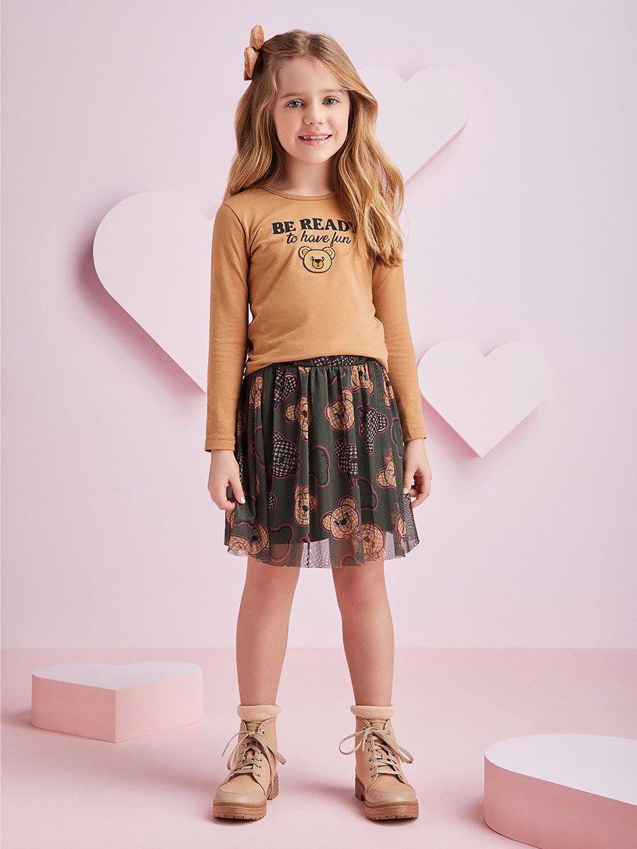 Conjunto Infantil Momi Inverno Saia Ursinhos e Blusa Caramelo