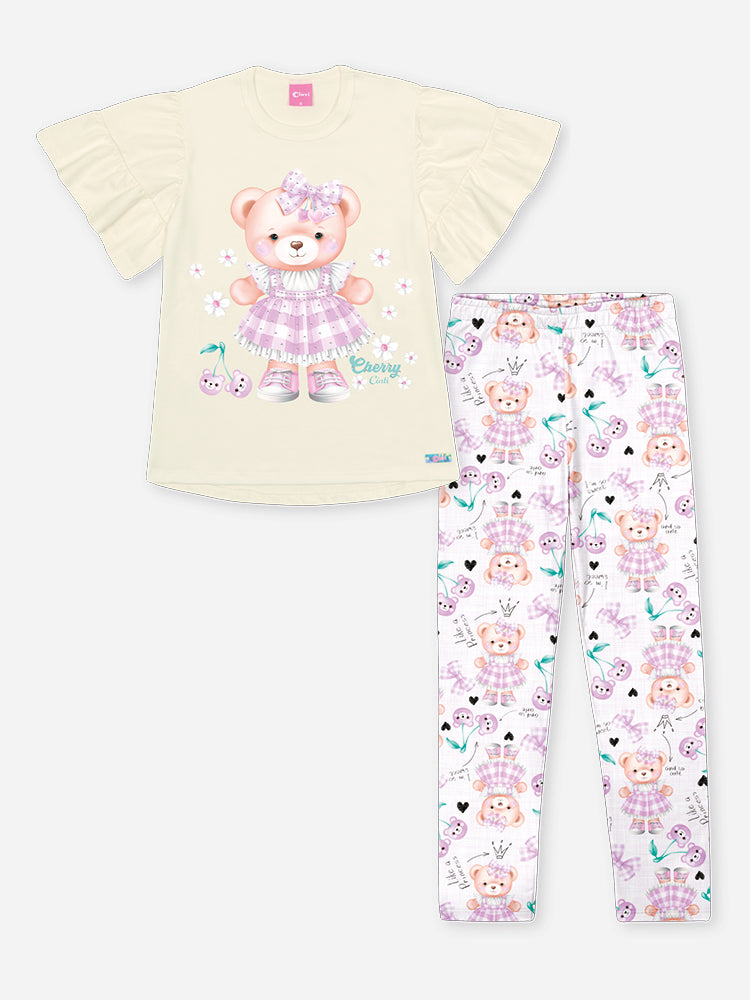 Conjunto Infantil Cinti com Calça Lilás e Blusa Branca Ursinha com Strass