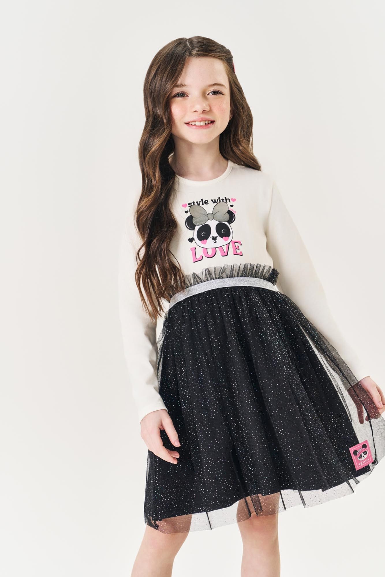 Vestido Infantil Cinti Inverno Panda Com Tule Brilhos