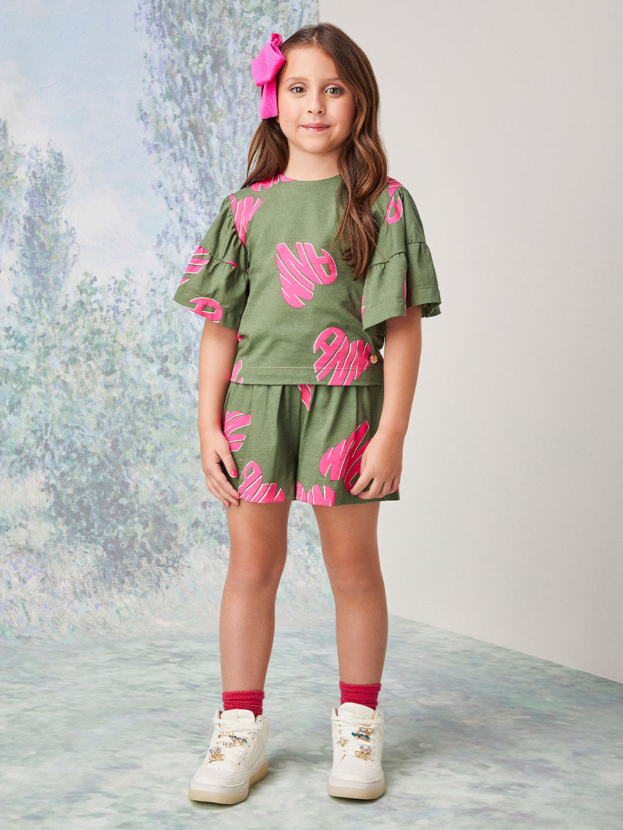 Conjunto Infantil Animê Inverno Shorts e Blusa Verde