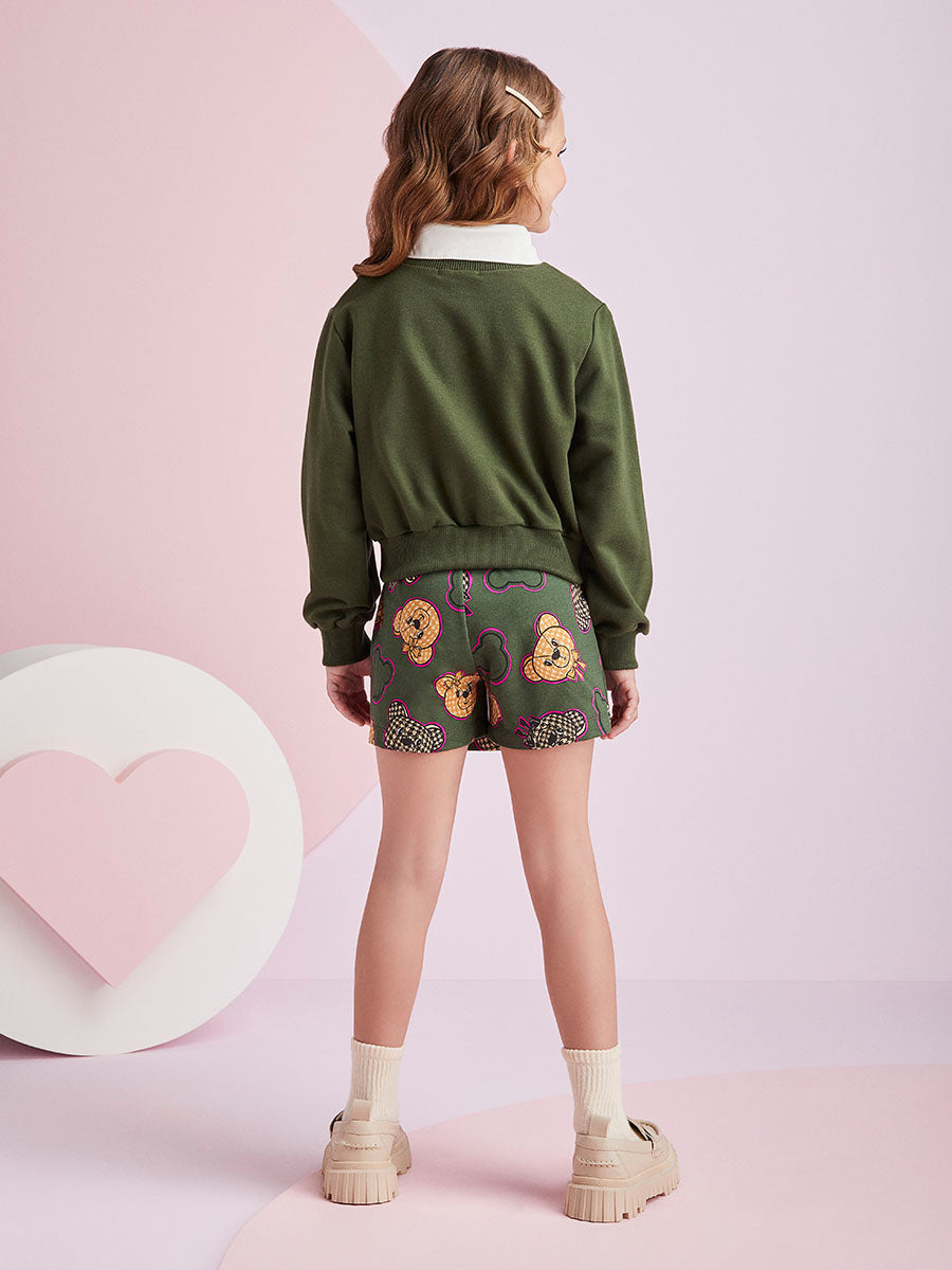 Conjunto Infantil Momi Inverno Shorts Saia Verde e Moletom Sem Flanela Ursinho