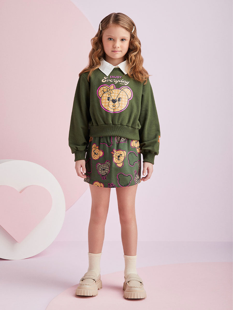 Conjunto Infantil Momi Inverno Shorts Saia Verde e Moletom Sem Flanela Ursinho