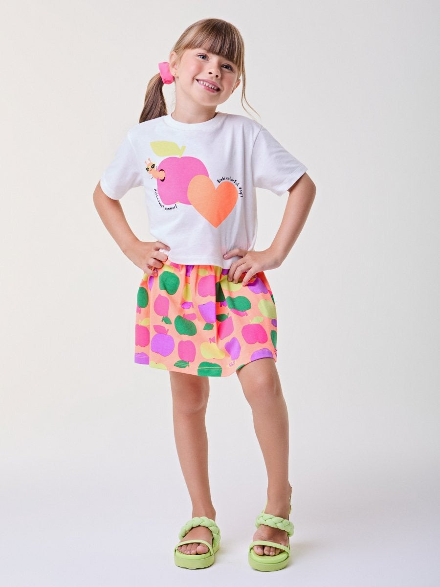 Conjunto Infantil Bimbi Verão com Saia Laranja e Blusa Branca Maçãzinha
