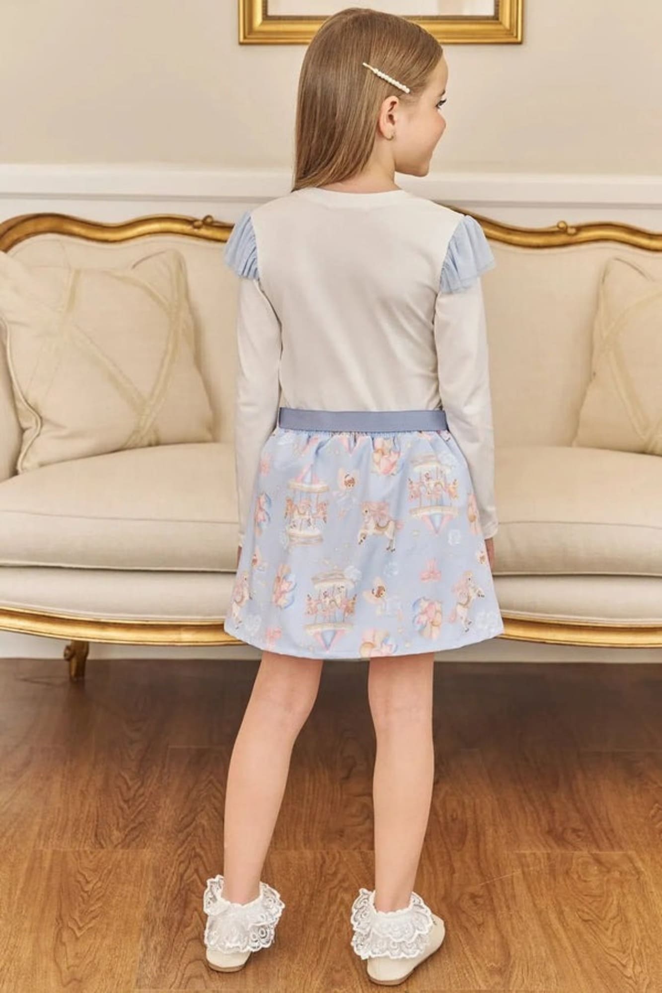 Conjunto Infantil Kukiê Inverno com Saia Azul e Blusa Manga Longa Branca Cavalinho