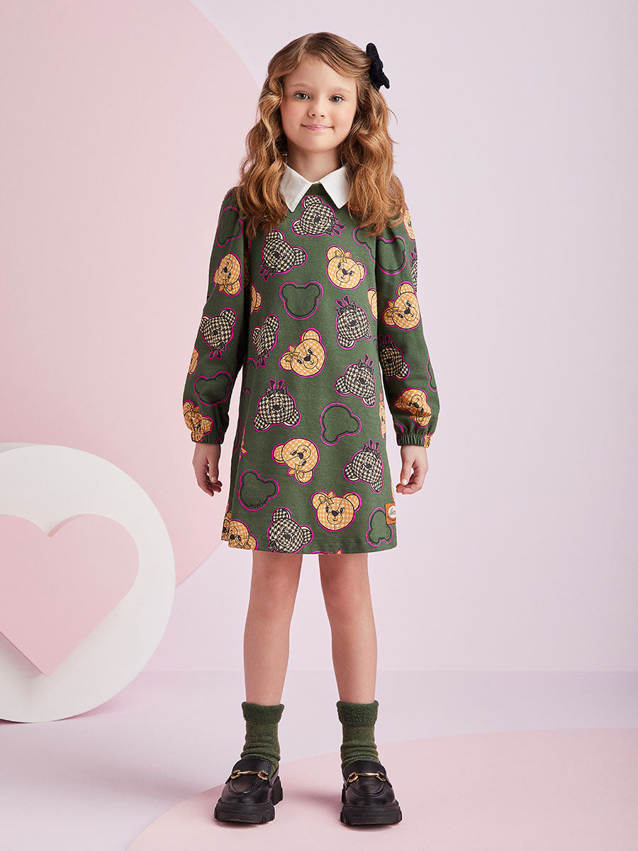Vestido Infantil Momi Inverno Ursinho Verde