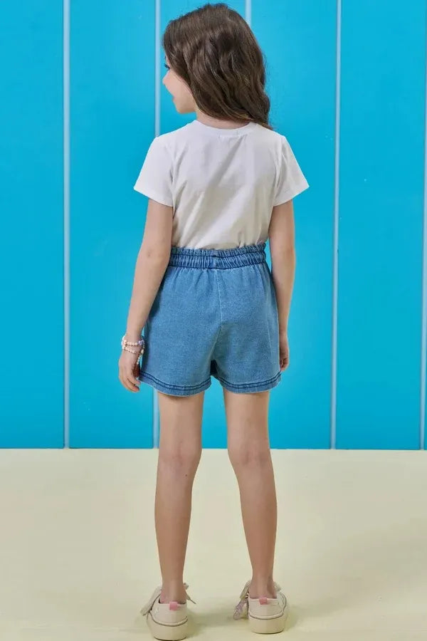 Conjunto Infantil Menina Kukiê com  Shorts Jeans e Blusa Cachorrinha Boiadeira