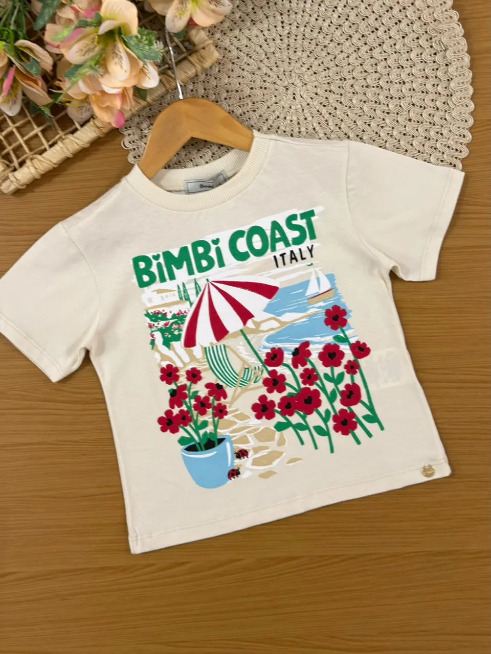 Conjunto Infantil Menina Bimbi Shorts Listrado Verde e Blusa Bege Praia