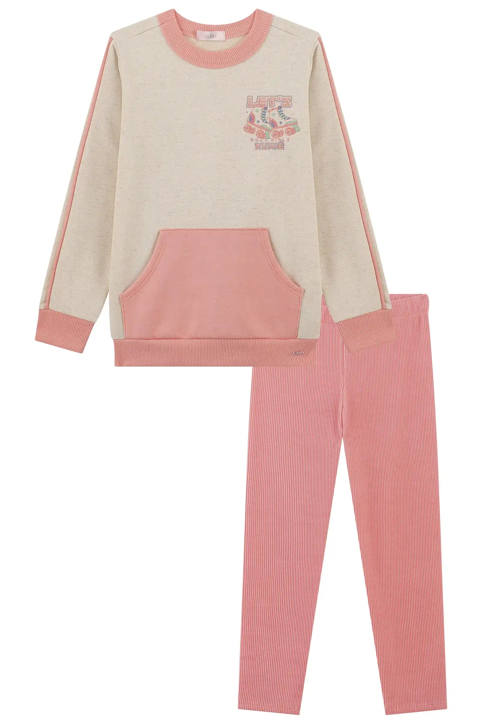 Conjunto Infantil Kukiê Inverno com Calça Legging Rosa e Moletom sem Flanela Patins
