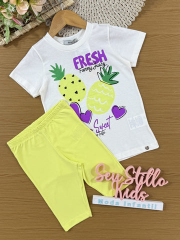 Conjunto Infantil Bimbi Verão com Shorts Ciclista Amarelo e Blusa Branca Abacaxi