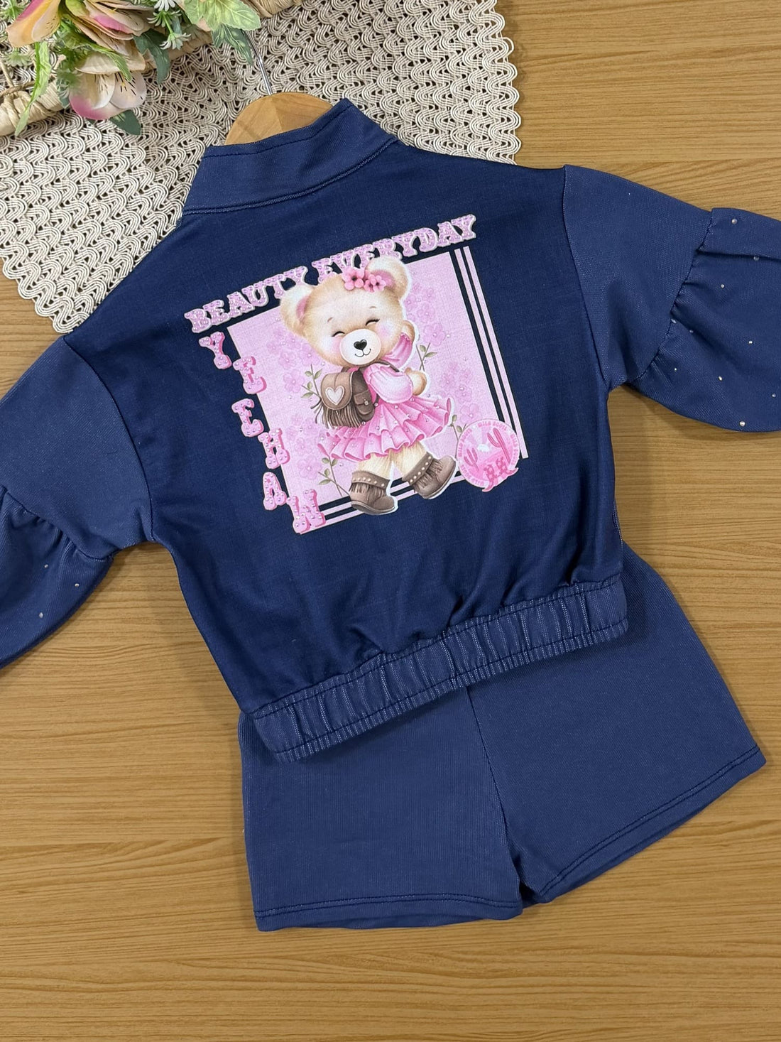 Conjunto Infantil Cinti Inverno com Shorts-Saia e Jaqueta Azul Marinho Ursinha Brilhos