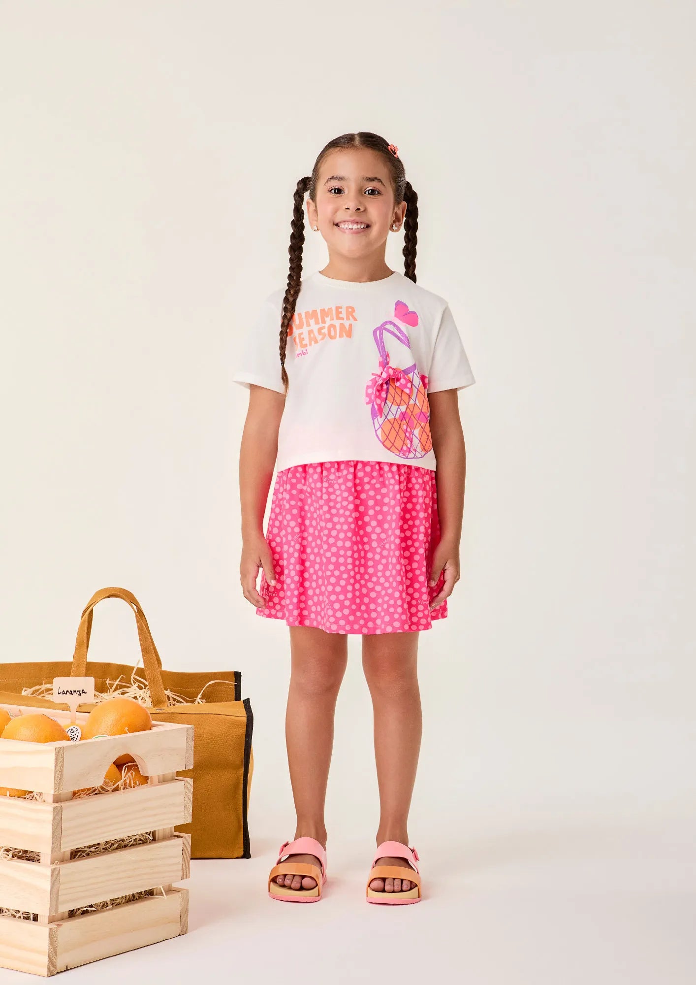 Conjunto Infantil Menina Bimbi com Saia Rosa e Blusa Branca Cestinha