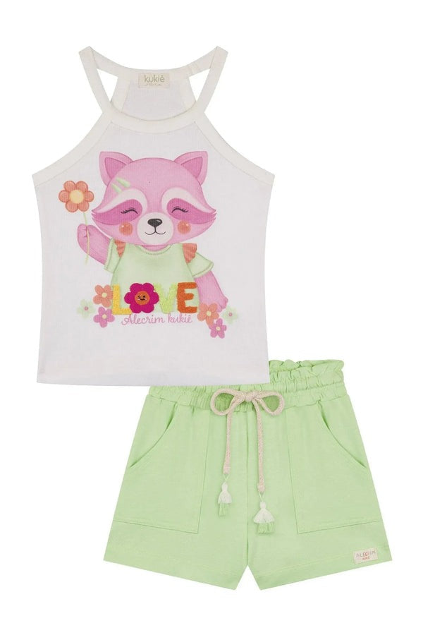 Conjunto Infantil Kukiê Verão com Shorts Verde e Regata Branca Guaxinim
