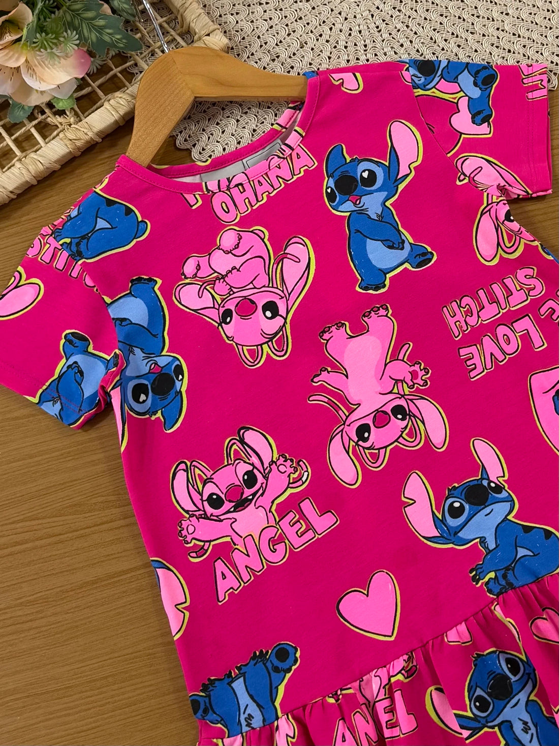 Vestido Infantil Bimbi Inverno Rosa Stitch e Angel Estampado Disney