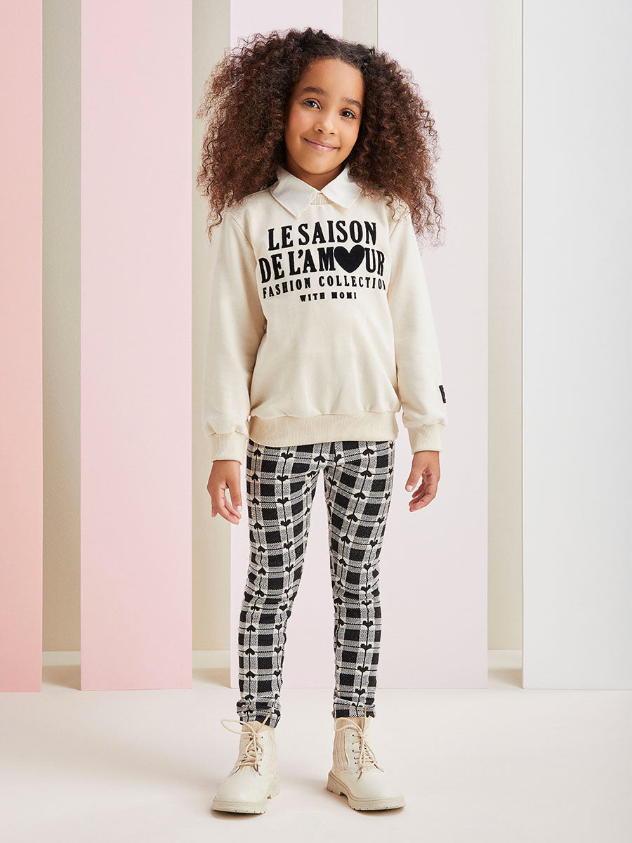 Conjunto Infantil Momi Inverno Legging Corações e Moletom Sem Flanela Bege