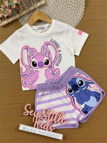 Conjunto Infantil Momi Verão com Shorts Listrado e Blusa Branca Angel Disney