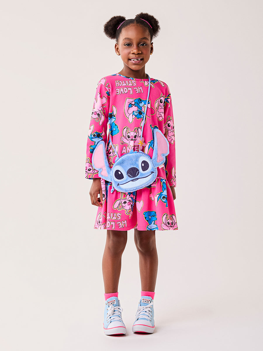 Vestido Infantil Bimbi Inverno Rosa Stitch e Angel Corações Disney