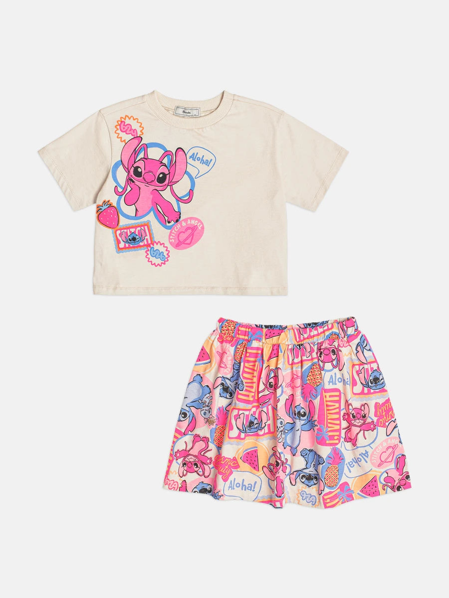 Conjunto Infantil Menina Bimbi com Saia e Blusa Bege Angel Aloha Disney